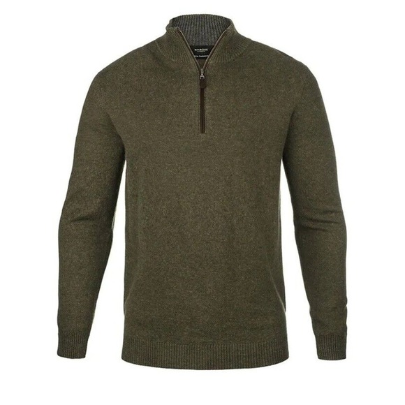 Forte Cashmere mens Suede-Trim Cashmere Mock Sweater Olive‎ green Size L - Picture 1 of 10